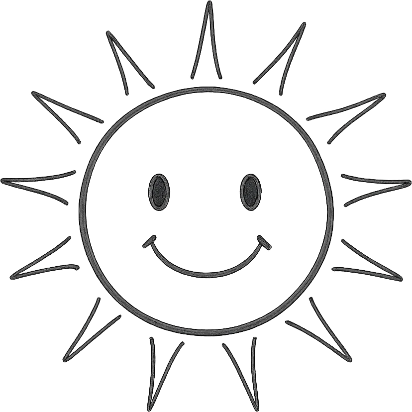 A sun with a friendly expression, in the style of a hand-drawn icon with no fill emoji