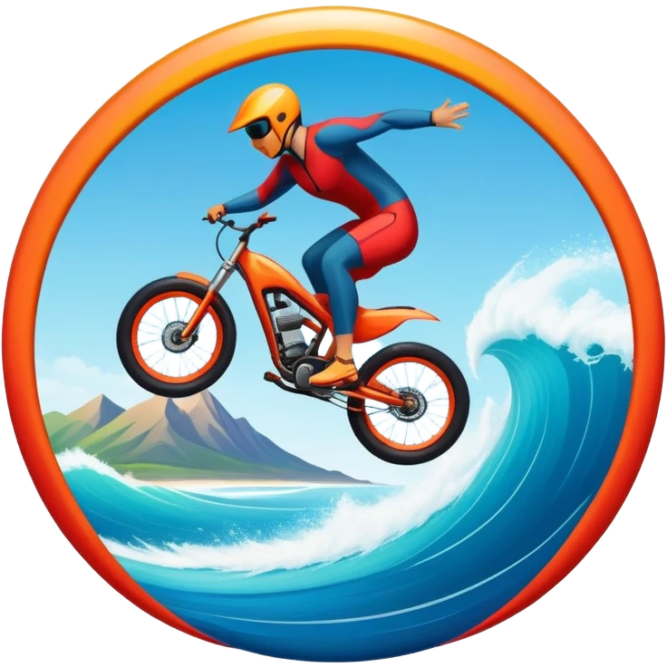 A bold, dynamic emblem combining elements of extreme sports like a mountain, a bike, surfing, ocean and a parachute, all within a circular or shield-like shape. The design conveys speed, adventure, with sharp lines and vibrant colors representing the thrill and intensity of extreme sports. emoji