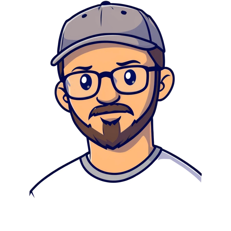 adventurer with goatee beard (no beard on cheeks), short hair, glasses and backwards baseball cap emoji