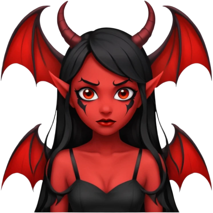 demon girl, skin red , black long hair, small horns, bat wing, black open-back dress, bold black outlines emoji