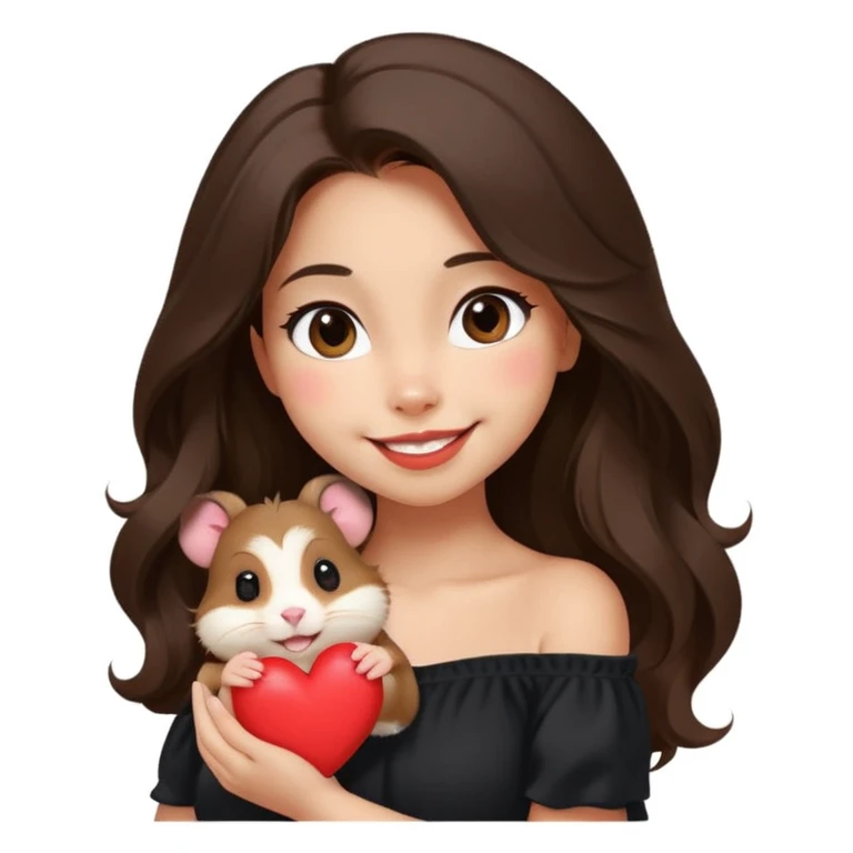 modern emoji of a young woman with medium skin tone, long wavy dark brown hair, black off-shoulder top, soft smile, expressive warm eyes, cute hamster on her shoulder winking and holding a small red heart, clean cheerful charming style, soft neutral color background emoji