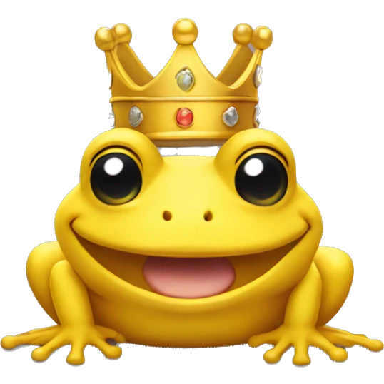 A yellow frog wearing a crown, winking and smiling. emoji