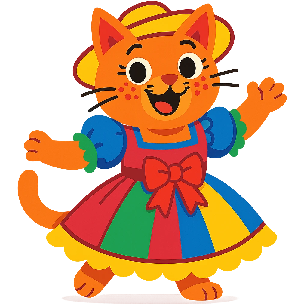 cat wearing festa junina dress, with dotted makeup, cheerful, colorful emoji