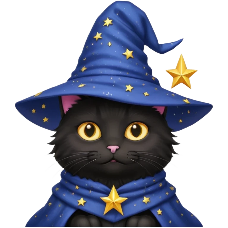 black wizard cat with a pointy starry wizard hat emoji
