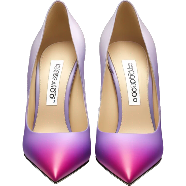 Hyper Realistic isolated top front view of a pair of matte Jimmy Choo pastel lavender,hot pink,royal purple and magenta ombre stiletto high heel shoes. emoji