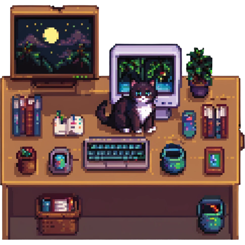 a desk with a cat, books, and computers in pixel art style, night scene emoji