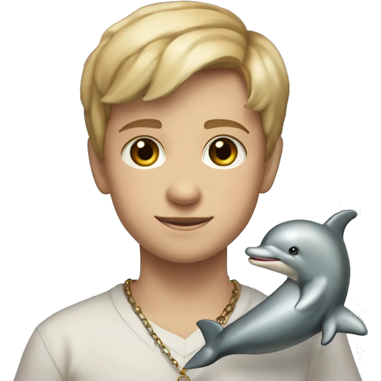 Full torso shot of short Blonde hair brown eyes 4th grade boy wearing orthodox cross necklace holding dolphin stuffed animal emoji