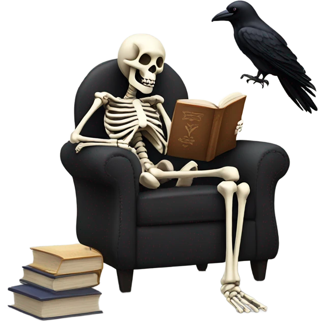 Skeleton reading a book  while sitting on fluffy chair and a raven emoji