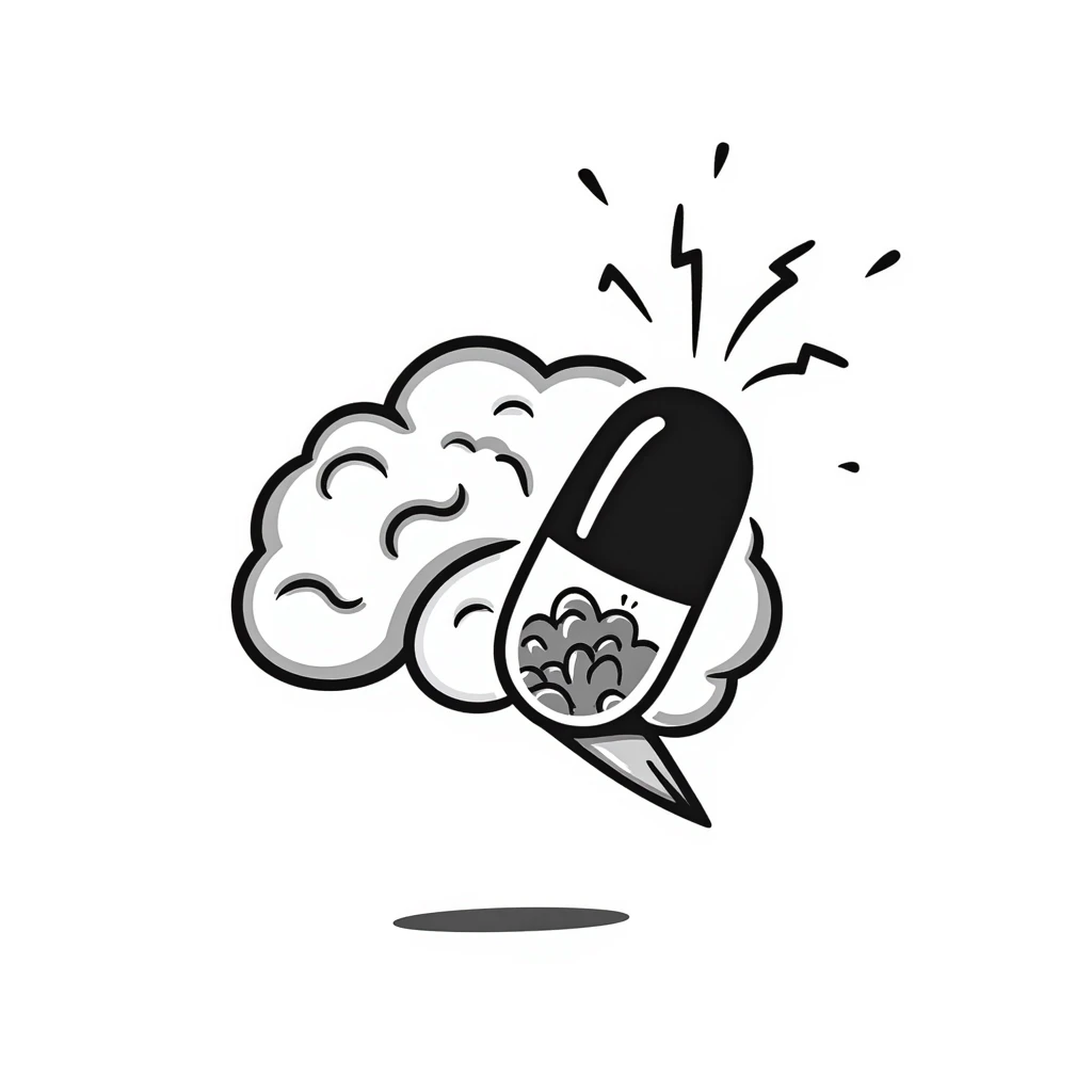 A magical amber capsule floating in front of a brain with fog lifting, showing electrical connections brightening one by one, creating clarity and focus. The brain becomes sharper and more defined. emoji