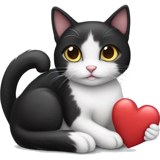 Black and white cat holding a heart emoji