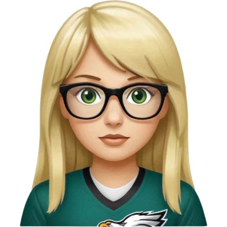 long blonde hair with bangs black glasses female green eyes football player wearing eagles jersey number 33 emoji