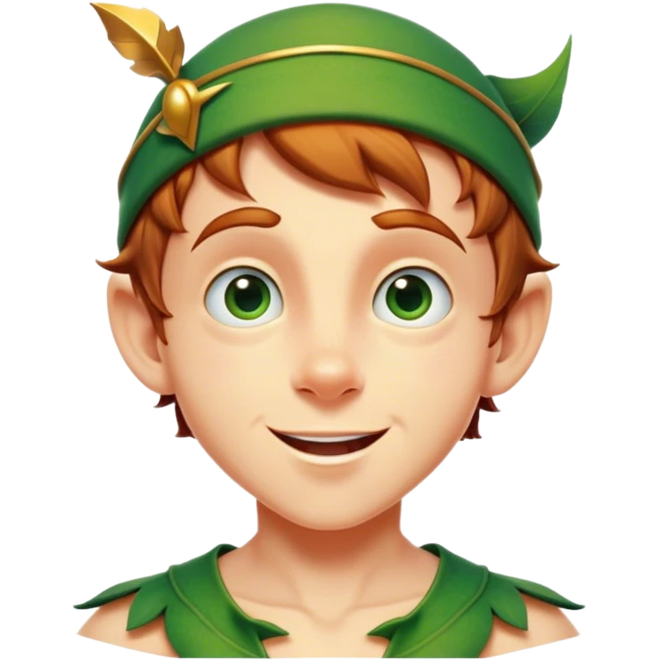 Cinematic Realistic Peter Pan Portrait, head tilted dramatically with an exaggeratedly amused expression, featuring sparkling eyes filled with playful mischief. His iconic outfit is rendered in vivid detail with dynamic shadows, capturing the delightful interplay of bravery and whimsy that defines his timeless character. emoji