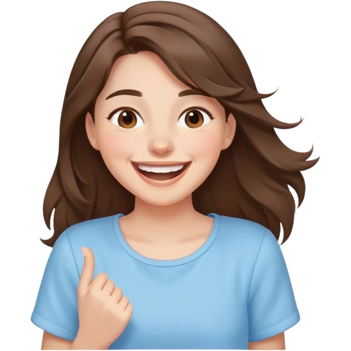 brunette girl with brown hair wearing pastel blue clothes laughing joyfully emoji
