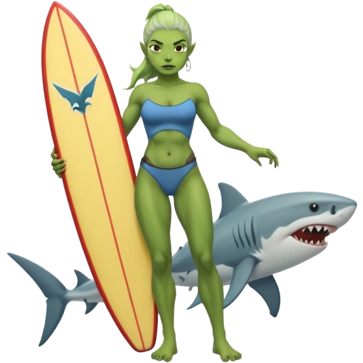 orc female holds a serfingboard with a shark painted vertically in his hands emoji