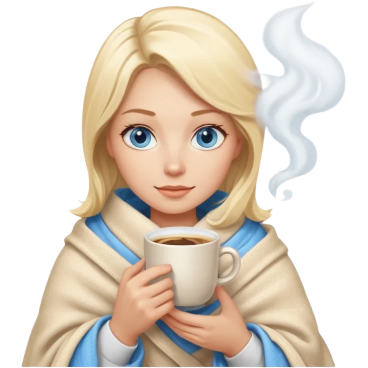 Blonde with blue eyes wrapped up in a cozy blanket with a hot coffee emoji