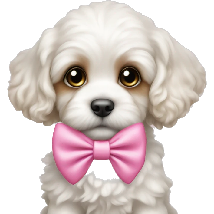 adorable white cavapoo puppy with pink bow emoji