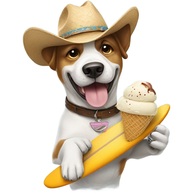 Dog surfing wearing a cowboy hat with an ice cream in his hand emoji