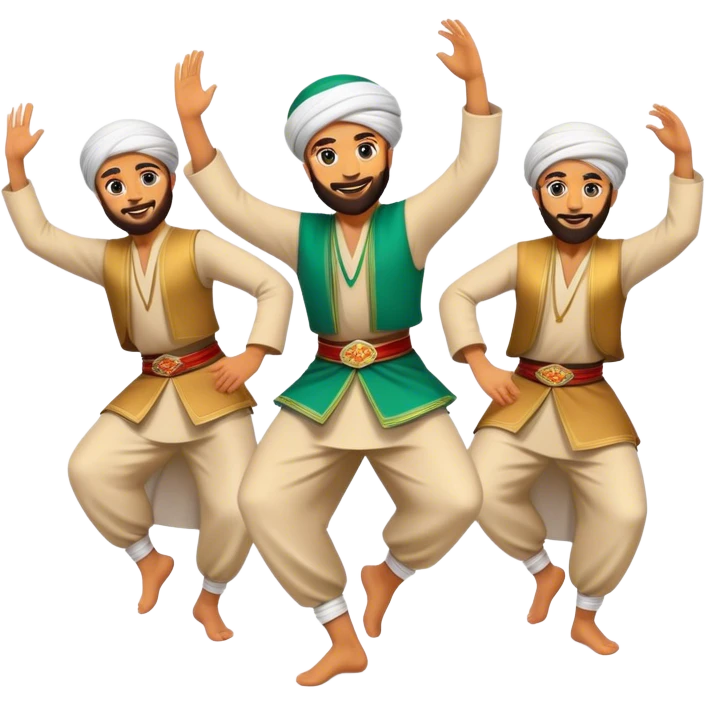 Cinematic Realistic Dabke Dance Emoji, depicted as an energetic traditional Lebanese folk dance with vibrant costumes and rhythmic movements, rendered with dynamic textures and festive natural lighting that captures its communal joy. emoji