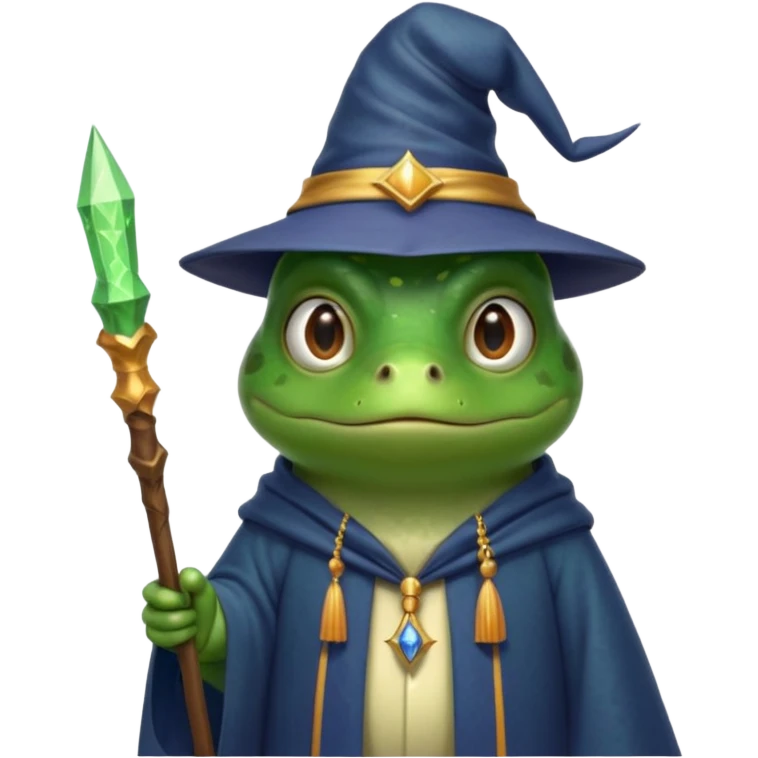A smart frog in a hat and robes holds a pointer and with a smart face points out the mistake emoji