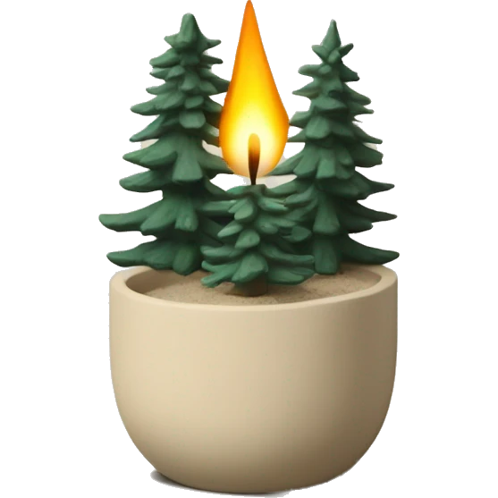 Candle in beige concrete vessel with painted pine trees emoji