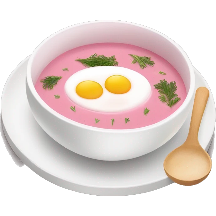 White bowl of Pink soup no face, put a hard boiled egg on top of the soup as decoration that’s cut in half, some dill,   emoji