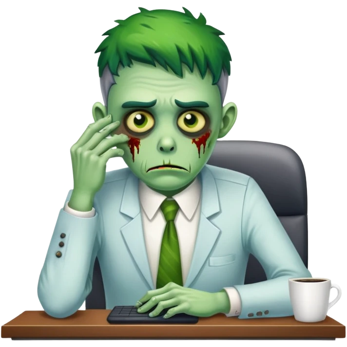 office zombie clerk with green skin looking tired and waiting for a coffee break emoji