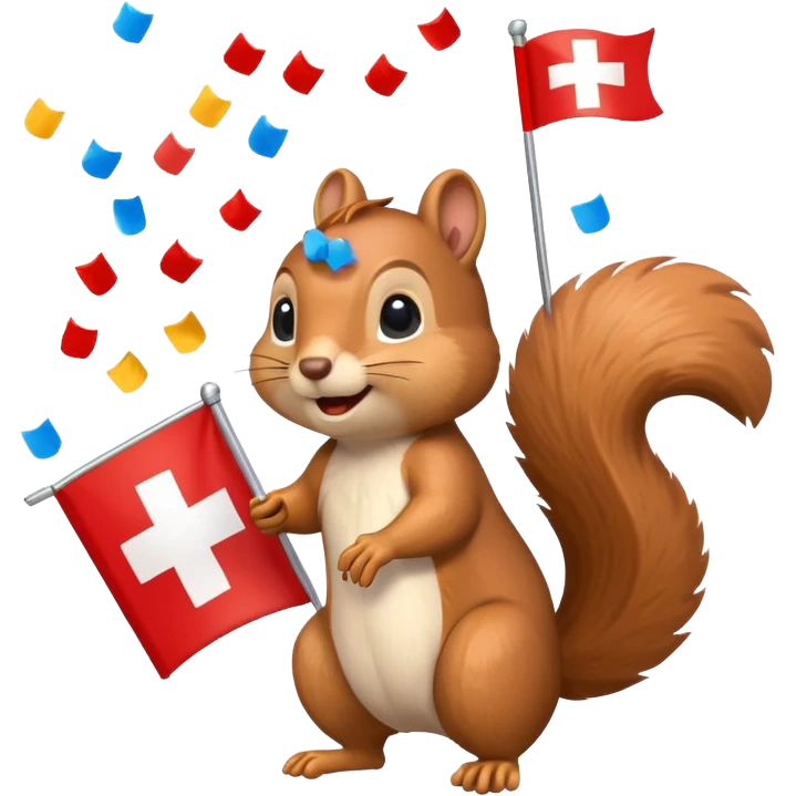 squirrel waving a Swiss flag, confetti in the air, emoji style emoji