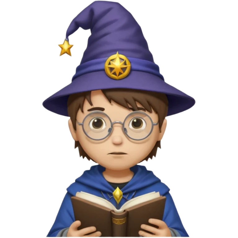 ["A sad boy with light skin, straight hair, wearing a wizard hat and round glasses, dressed in punk fashion, is reading a book while holding a phone."] emoji