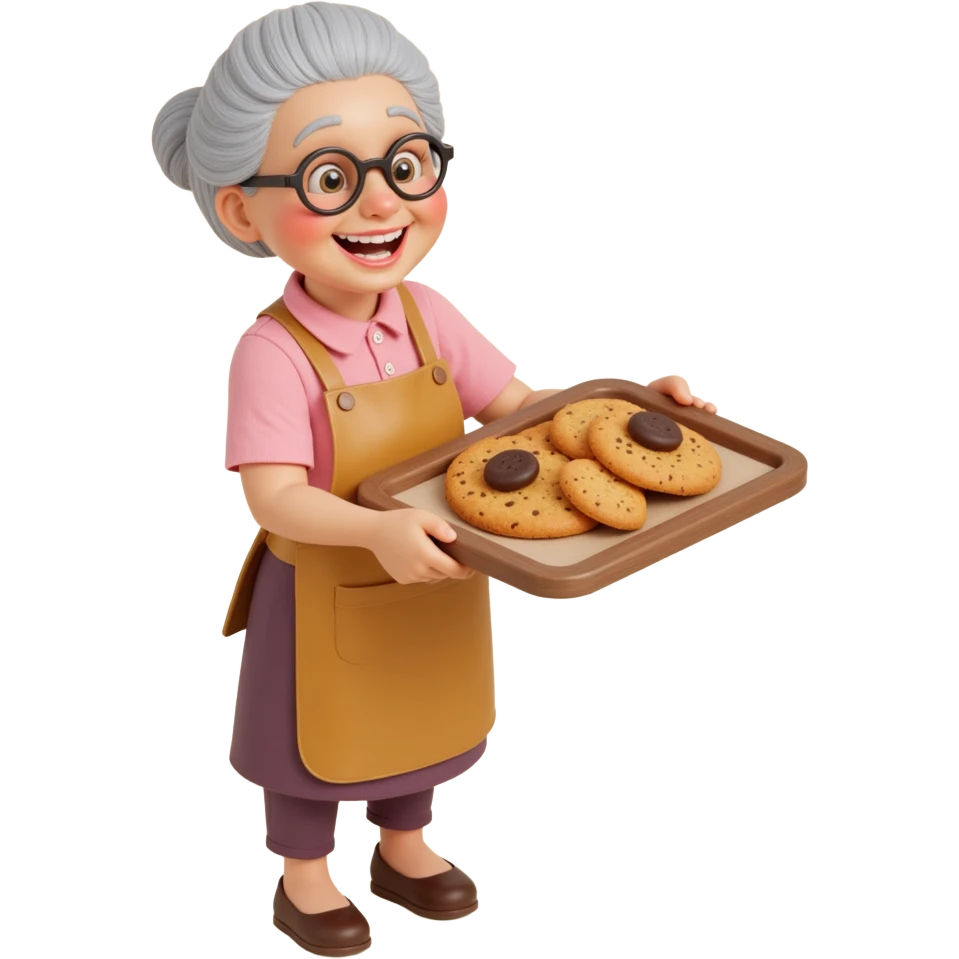 Portrait of a cheerful grandma wearing a simple apron, holding a baking tray full of cookies, warm kitchen background, cozy atmosphere, emoji-style emoji