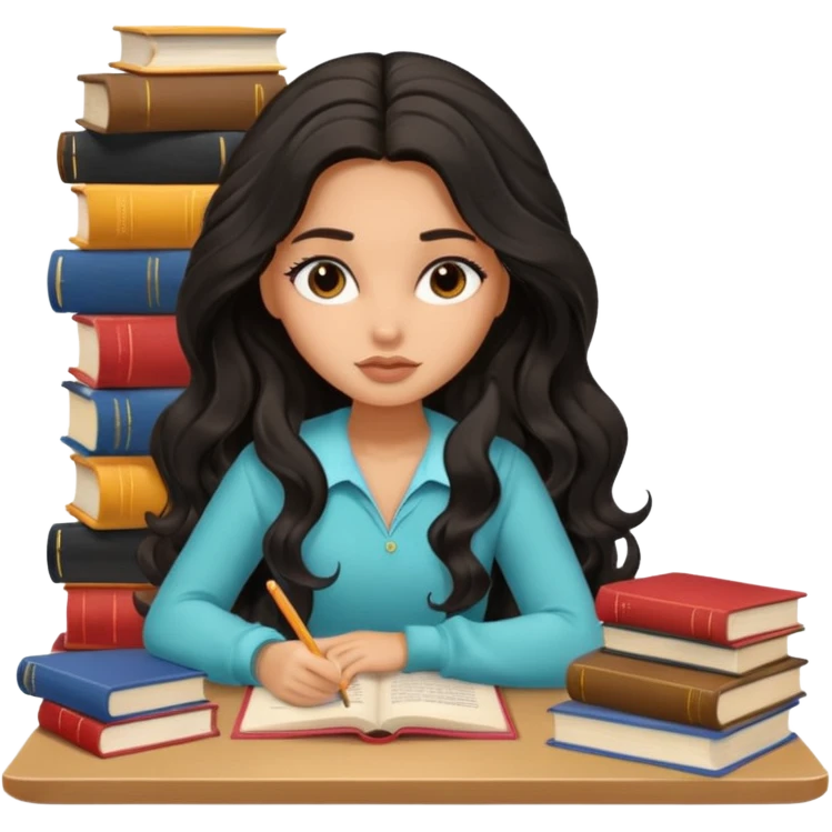 a pretty tan bratz girl with black wavy long hair studying. Pile of books on the table. No glasses. Looks tgired emoji