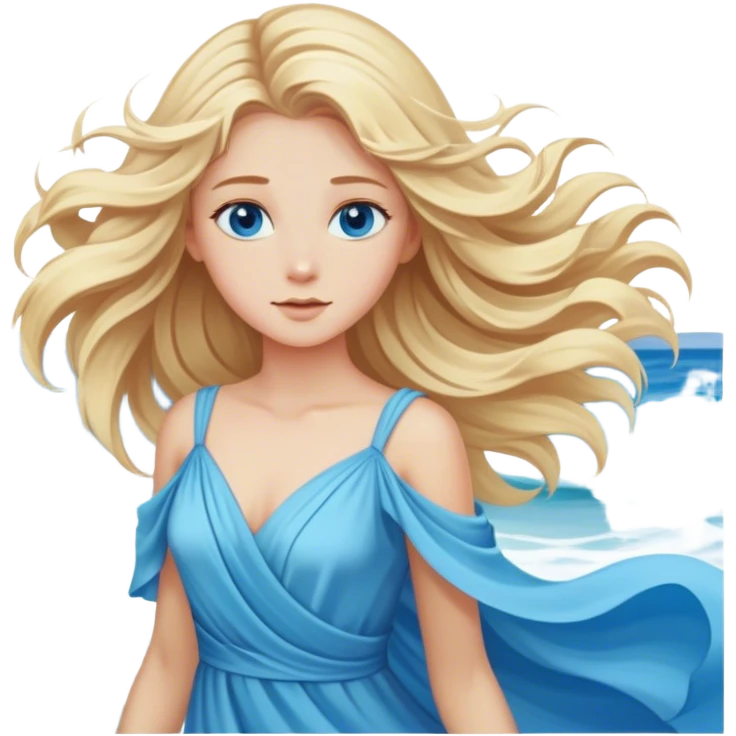 Blond Girl with blue eyes in a flowing dress by the ocean wind in her hair with beautiful finish. emoji