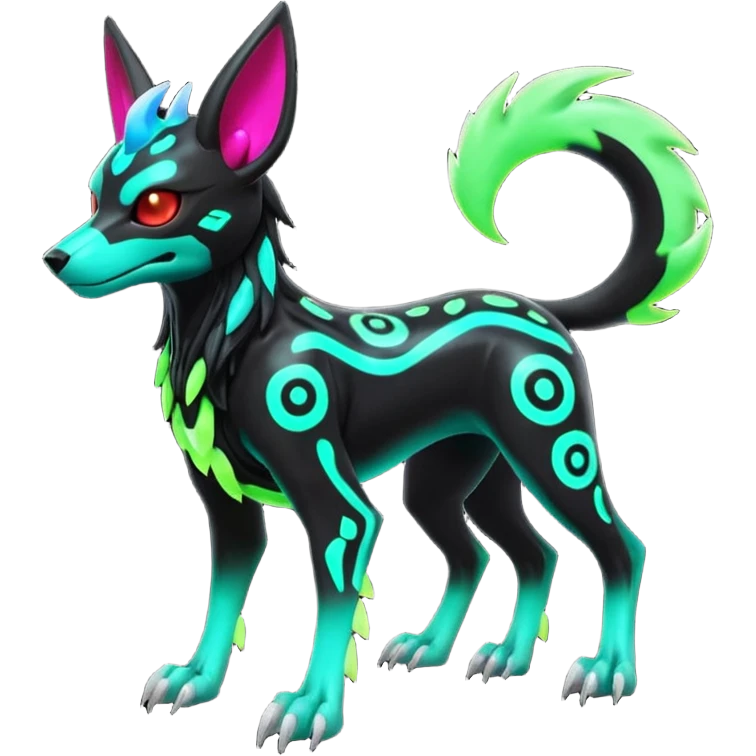 Hyper realistic slim horned skeletal black and neon green futuristic shiny colorful bioluminescent cyber-Poochyena-Zorua-Litten-Houndoom-Fakémon-Pokémon-Digimon-hybrid-fusion (full body) with a skull face emoji