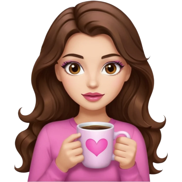 girl with long wavy brown hair, brown eyes, long lashes, makeup, ,sexy pink lips, light to medium complexion, pink sexy top, with a coffee mug emoji