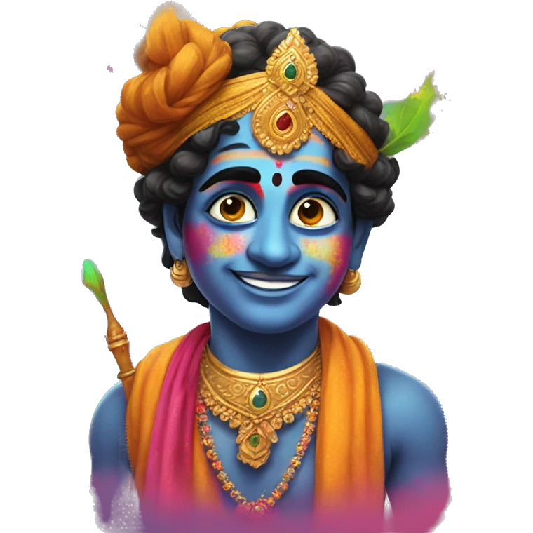 Krishna in holi with gulal on his face and mor pank on his head emoji