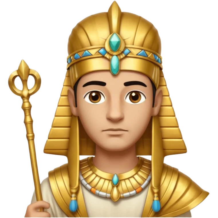 A regal pharaoh with golden headdress, calm stern eyes, and holding a crook and flail with authority.
 emoji