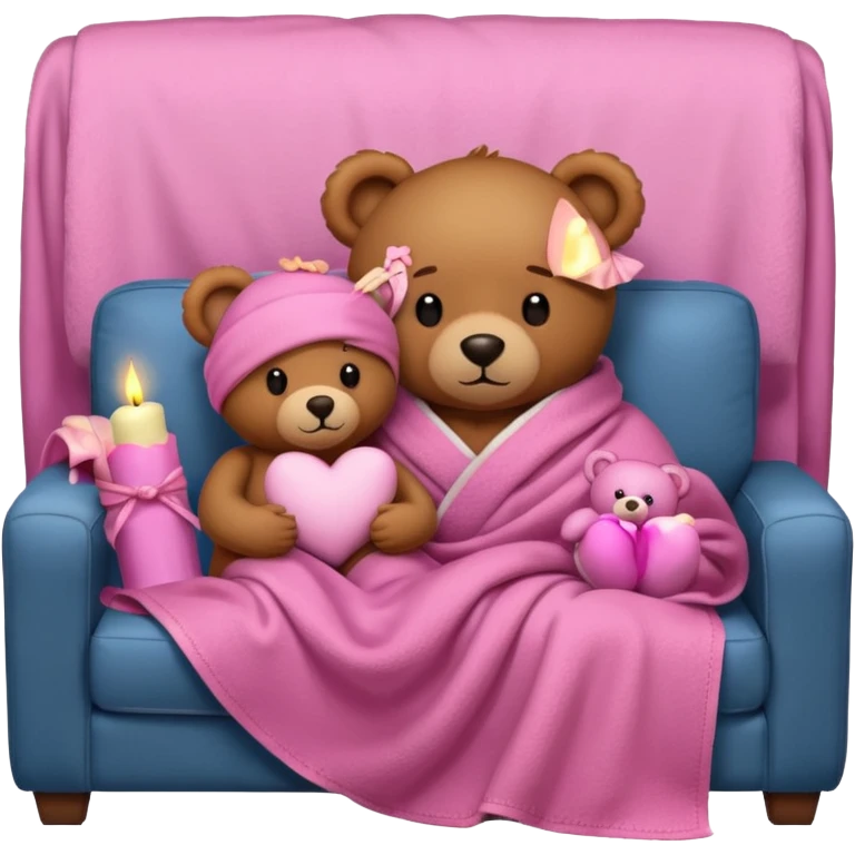 Brown teddy bear cuddling with a pink teddy bear wrapped in a blanket watching tv on couch with candles next to them emoji