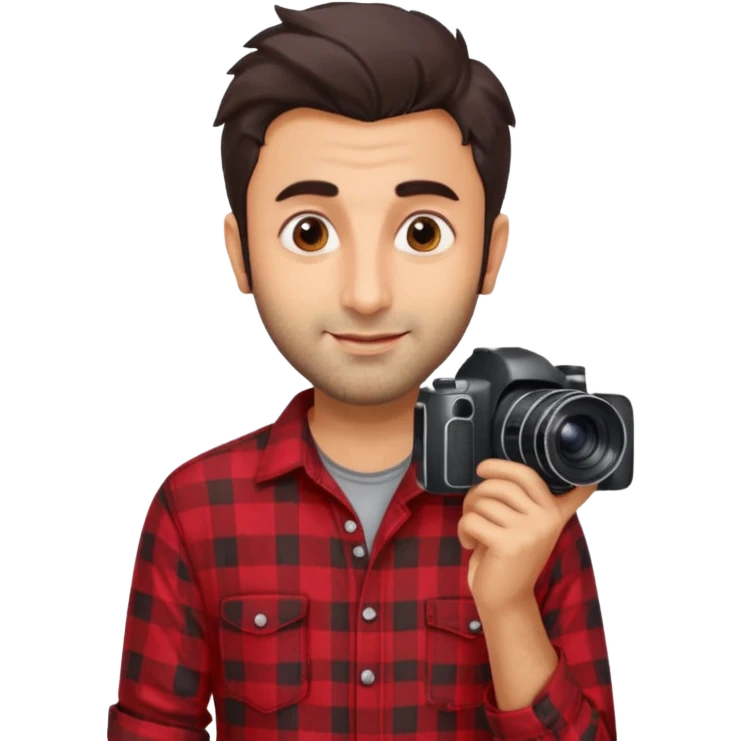 generate a pretty bratz emoji 
Make her look like Ranbir kapoor wearing a red flannel shirt, smirking and carrying a camera

he should look exactly  like ranbir kapoor!  emoji