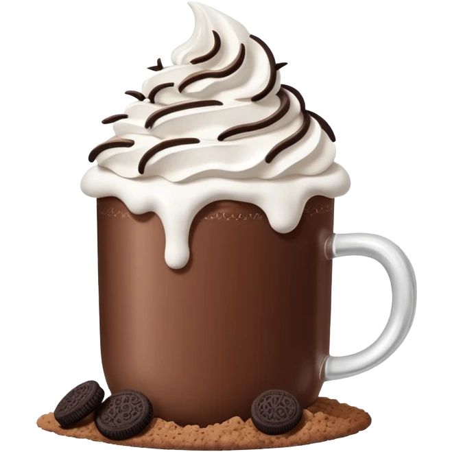 Hot chocolate with whipped cream and marshmallows on top of the whipped cream and also crunched Oreo crumbs. emoji