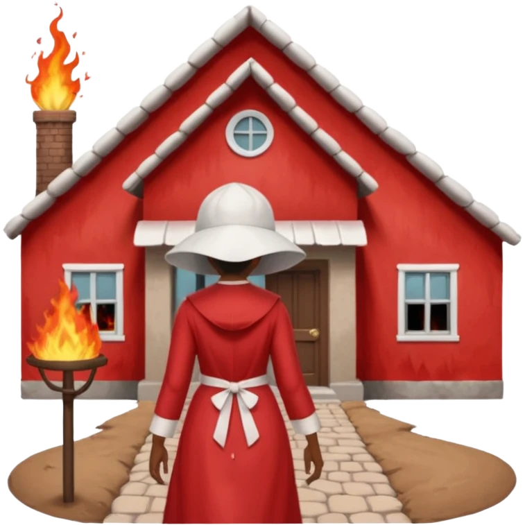 handmaids tale style woman burning house down walking away from house. shes wearing the nun hands maid tale hat cant see her face with brown hair shes wearing the red handmaids tale costume with white bonnet emoji