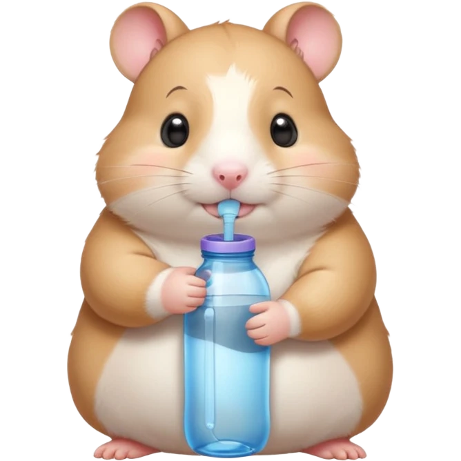 Cute chubby cartoon-style hamster hugging an oversized water bottle, sipping with tiny straw, happy expression. Painterly shading, expressive eyes, white background, sticker-style illustration emoji