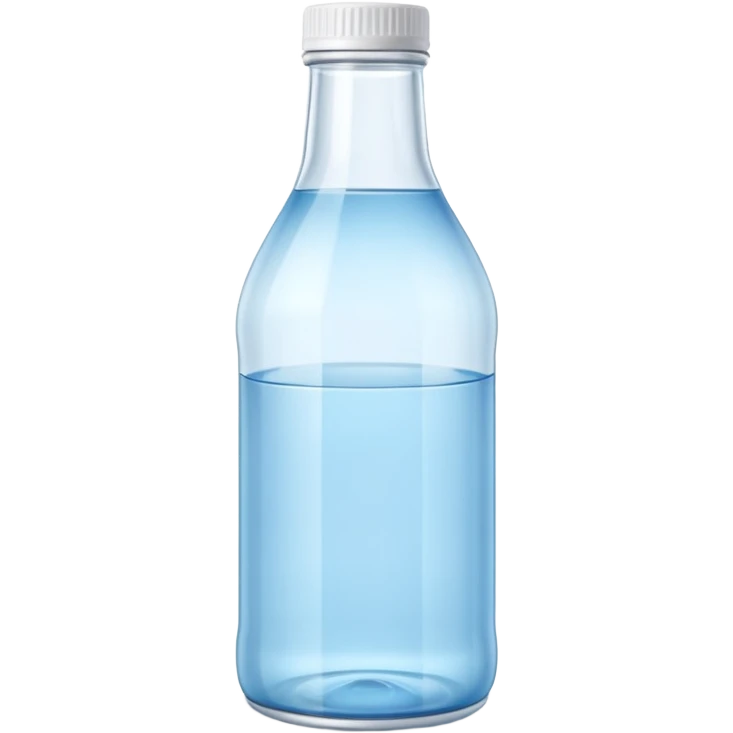 apple style emoji glass bottle of still water upright transparent or light blue hue white cap no bubbles minimal blank label 3D clean soft shadows no anthropomorphic elements no accessories transparent background emoji scale emoji