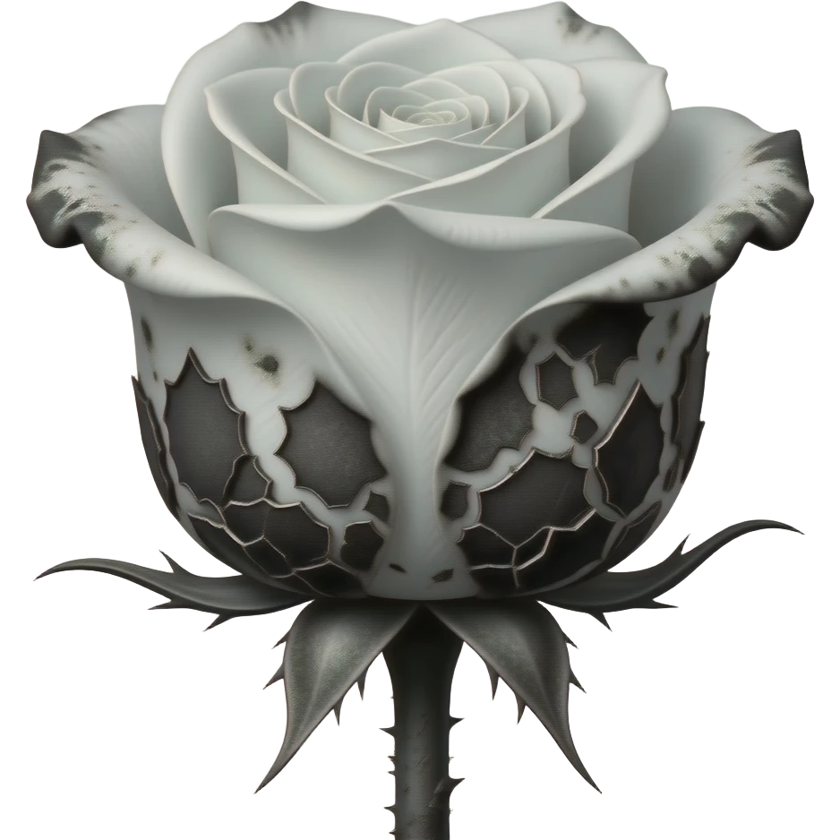 Macro shot of a white rose, base of the flower and stem transition into heavy black ash and soot, jagged burnt shards, monochromatic and moody emoji