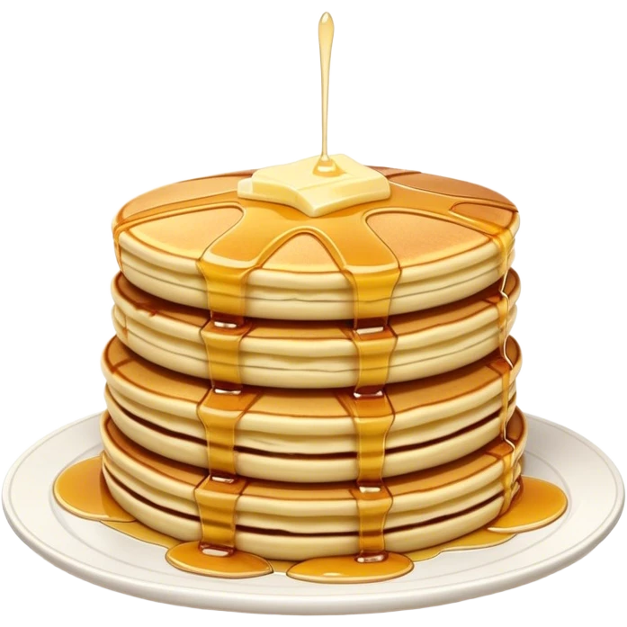 Cinematic fluffy golden pancakes, stacked high, drizzled with maple syrup, topped with fresh butter melting on top, light dusting of powdered sugar, warm and inviting, soft glow and mouthwatering. emoji