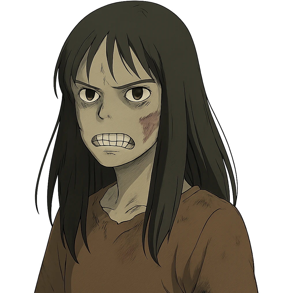 girl zombie with black long hair with teeth and serious face emoji