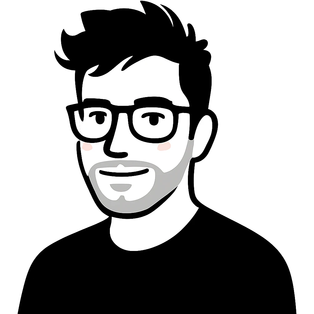 A casual man with stylish glasses, artistically messy hair, and a fine short beard, with a confident expression emoji
