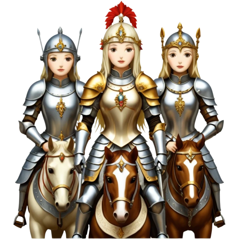 aesthetic brilliant radiant divine lighting, oil paint - ivory Four thin women as horsemen of the Apocalypse, after a graphic by Albrecht Dürer emoji