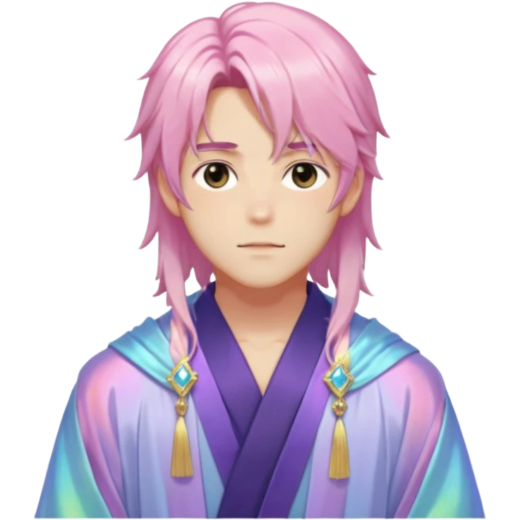Beautiful gorgeous romantic blushing youthful handsome anime guy with beautiful iridescent-pastel-special-gently-tousled-medium-long-hair, fashion aesthetic, ethereal, fairycore, pastelcore, layered robes, accessories, jewelries, colorful, shiny, trending style, outside emoji