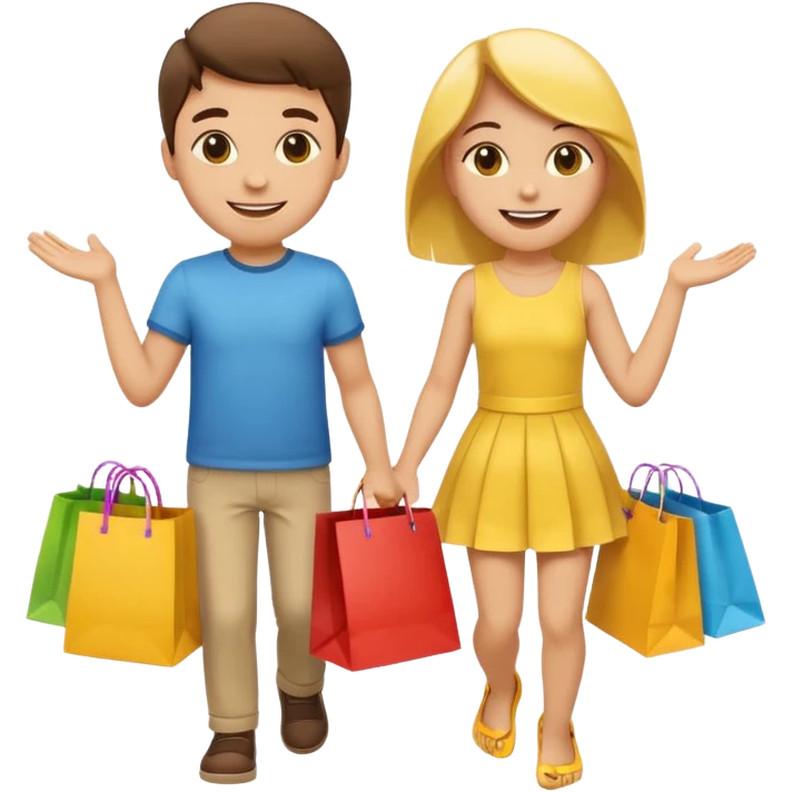 HAPPY SMILEY FACE EMOJI BOY AND GIRL WITH HANDS AND FEET WITH SHOPPING BAGS IN EACH HAND emoji