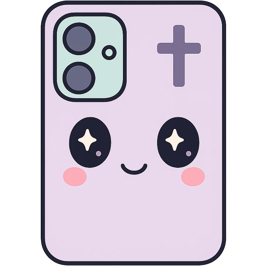 Make the white and black gothic kawaii phone case more minimal, reduce details, keep only one or two simple gothic symbols, big eyes, smiling, playful, cartoonish, no purse references, with no background. emoji