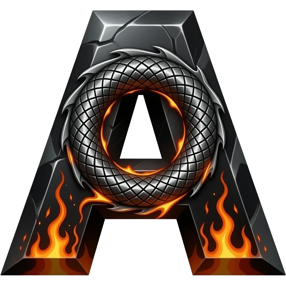 A heavy obsidian letter 'A' with molten lava flowing through engraved draconic scales. Emitting orange embers and heat distortion. Dark fantasy aesthetic, metallic texture, dramatic shadows emoji